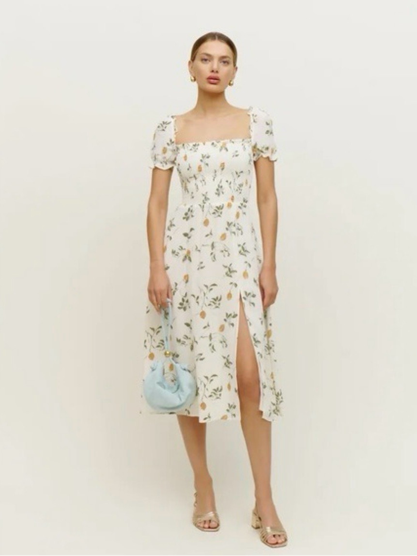 Reformation Cream Midi Dress With Lemon & Green Floral Print